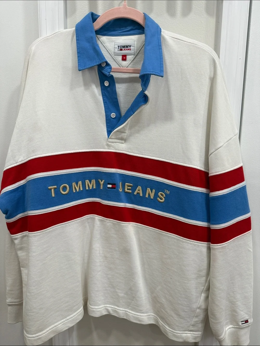 Tommy Hilfiger Cream Rugby Polo with Blue Collar and Red & Blue Chest Stripes - Picture 5 of 5